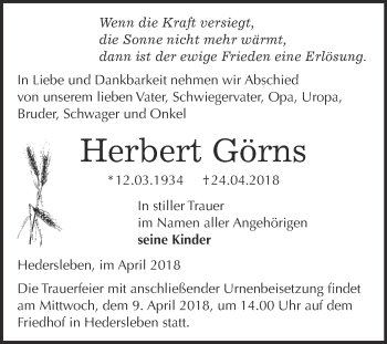 Traueranzeige von Herbert Görns von WVG - Wochenspiegel Quedlinburg