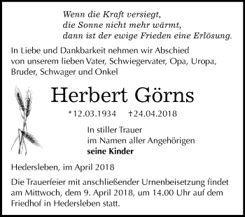 Traueranzeige von Herbert Görns von Mitteldeutsche Zeitung Quedlinburg
