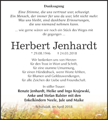 Traueranzeige von Herbert Jenhardt von Super Sonntag Merseburg