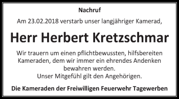 Traueranzeige von Herbert Kretzschmar von WVG - Wochenspiegel NMB / WSF / ZTZ