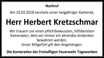 Traueranzeige von Herbert Kretzschmar von Mitteldeutsche Zeitung Weißenfels