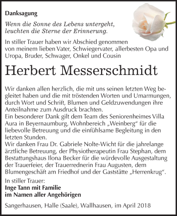 Traueranzeige von Herbert Messerschmidt von Mitteldeutsche Zeitung Sangerhausen