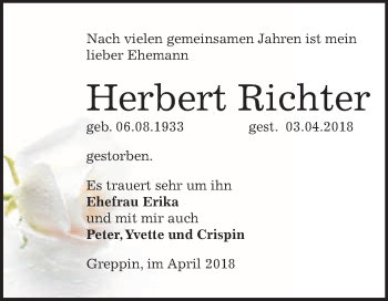 Traueranzeige von Herbert Richter von WVG - Wochenspiegel Bitterfeld