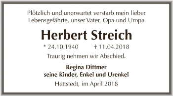Traueranzeige von Herbert Streich von Wochenspiegel Mansfelder Land