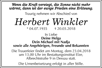 Traueranzeige von Herbert Winkler von Mitteldeutsche Zeitung Dessau-Roßlau