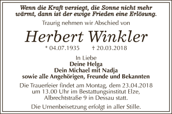 Traueranzeige von Herbert Winkler von WVG - Wochenspiegel Dessau / Köthen