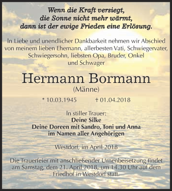 Traueranzeige von Hermann Bormann von Super Sonntag Aschersleben
