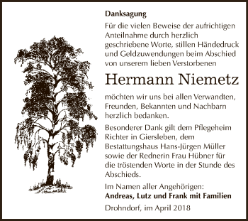 Traueranzeige von Hermann Niemetz von Super Sonntag Aschersleben