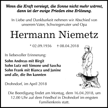 Traueranzeige von Hermann Niemetz von Mitteldeutsche Zeitung Aschersleben