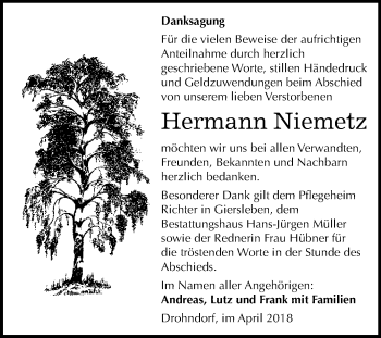 Traueranzeige von Hermann Niemetz von Mitteldeutsche Zeitung Aschersleben