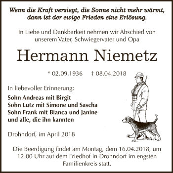 Traueranzeige von Hermann Niemetz von Super Sonntag Aschersleben
