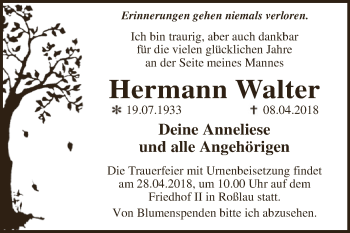 Traueranzeige von Hermann Walter von WVG - Wochenspiegel Dessau / Köthen