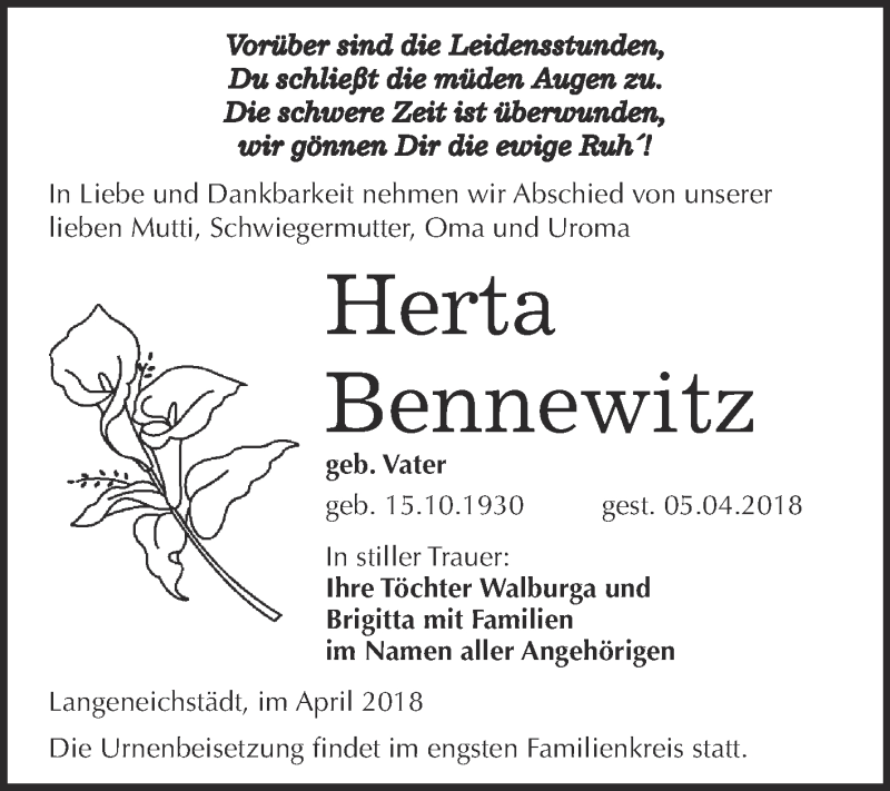  Traueranzeige für Herta Bennewitz vom 18.04.2018 aus WVG - Wochenspiegel Merseburg