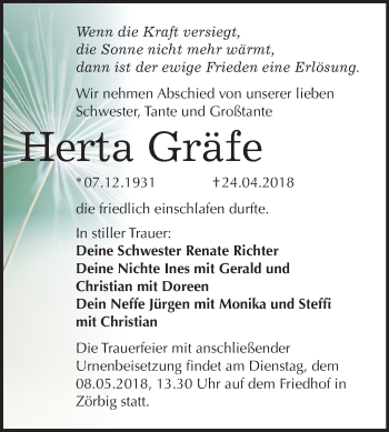 Traueranzeige von Herta Gräfe von Mitteldeutsche Zeitung Bitterfeld