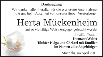 Traueranzeige von Herta Mückenheim von Mitteldeutsche Zeitung Merseburg/Querfurt