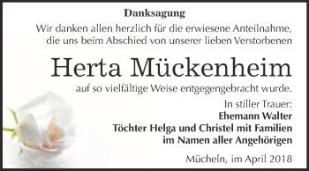 Traueranzeige von Herta Mückenheim von WVG - Wochenspiegel Merseburg