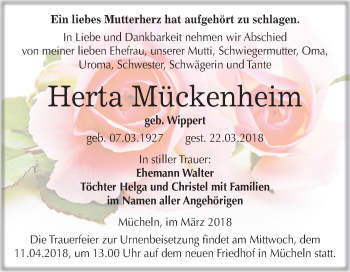 Traueranzeige von Herta Mückenheim von Mitteldeutsche Zeitung Merseburg/Querfurt