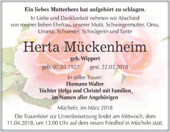 Traueranzeige von Herta Mückenheim von WVG - Wochenspiegel Merseburg