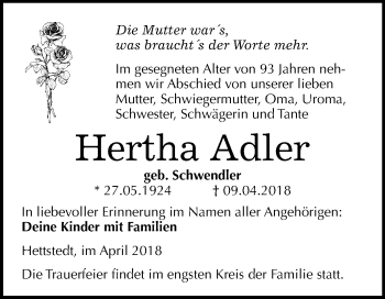 Traueranzeige von Hertha Adler von Mitteldeutsche Zeitung