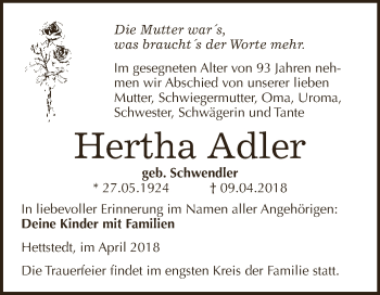 Traueranzeige von Hertha Adler von Super Sonntag SGH Mansf. Land