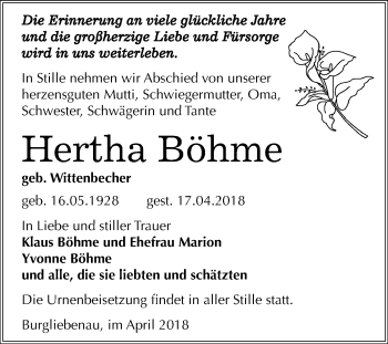 Traueranzeige von Hertha Böhme von WVG - Wochenspiegel Merseburg