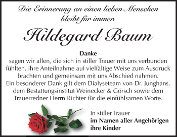 Traueranzeige von Hildegard Baum von Mitteldeutsche Zeitung Bernburg
