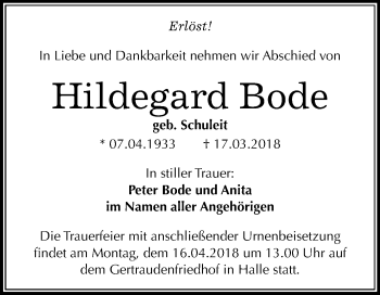 Traueranzeige von Hildegard Bode von Mitteldeutsche Zeitung Halle/Saalkreis