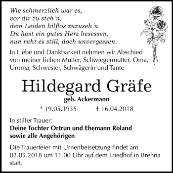 Traueranzeige von Hildegard Gräfe von Mitteldeutsche Zeitung Bitterfeld