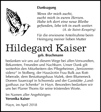 Traueranzeige von Hildegard Kaiser von Mitteldeutsche Zeitung