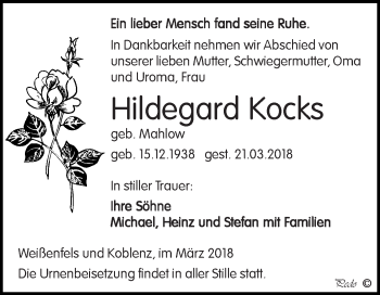 Traueranzeige von Hildegard Kocks von WVG - Wochenspiegel NMB / WSF / ZTZ