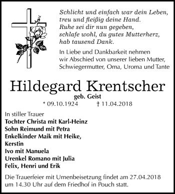 Traueranzeige von Hildegard Krentscher von Mitteldeutsche Zeitung Bitterfeld