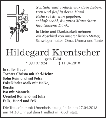 Traueranzeige von Hildegard Krentscher von WVG - Wochenspiegel Bitterfeld
