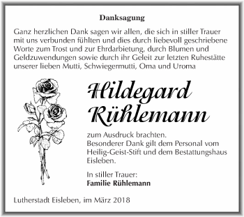 Traueranzeige von Hildegard Rühlemann von Wochenspiegel Mansfelder Land