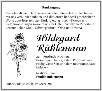 Traueranzeige von Hildegard Rühlemann von Mitteldeutsche Zeitung