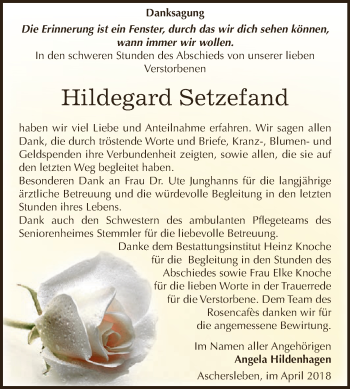 Traueranzeige von Hildegard Setzefand von Super Sonntag Aschersleben