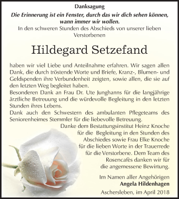 Traueranzeige von Hildegard Setzefand von Mitteldeutsche Zeitung Aschersleben