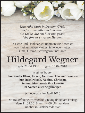 Traueranzeige von Hildegard Wegner von Mitteldeutsche Zeitung