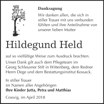 Traueranzeige von Hildegund Held von Super Sonntag Wittenberg