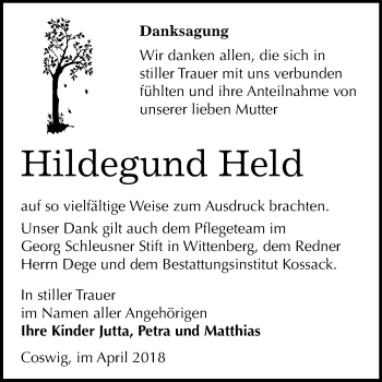 Traueranzeige von Hildegund Held von Mitteldeutsche Zeitung