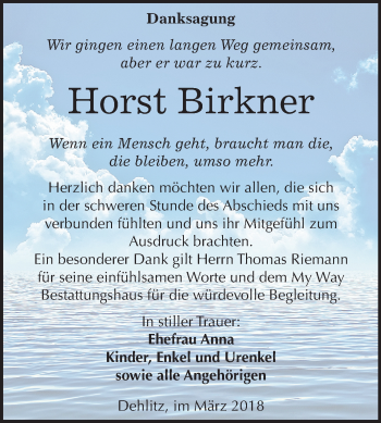 Traueranzeige von Horst Birkner von Mitteldeutsche Zeitung Weißenfels