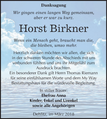 Traueranzeige von Horst Birkner von WVG - Wochenspiegel NMB / WSF / ZTZ