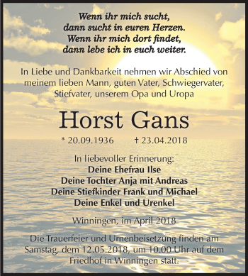 Traueranzeige von Horst Gans von Mitteldeutsche Zeitung Aschersleben