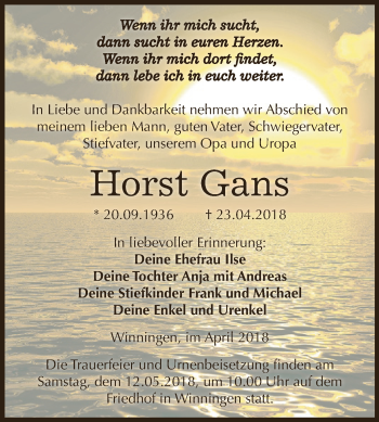 Traueranzeige von Horst Gans von Super Sonntag Aschersleben