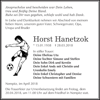 Traueranzeige von Horst Hanetzok von Super Sonntag Merseburg