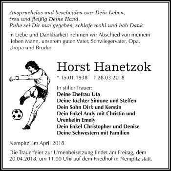 Traueranzeige von Horst Hanetzok von Mitteldeutsche Zeitung Merseburg/Querfurt