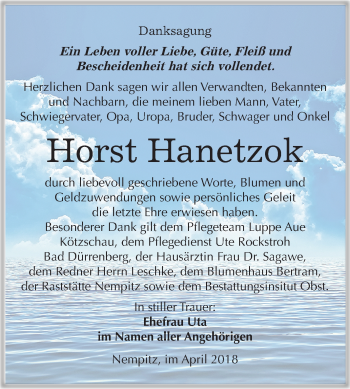 Traueranzeige von Horst Hanetzok von Mitteldeutsche Zeitung Merseburg/Querfurt