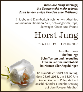 Traueranzeige von Horst Jung von Super Sonntag Bernburg