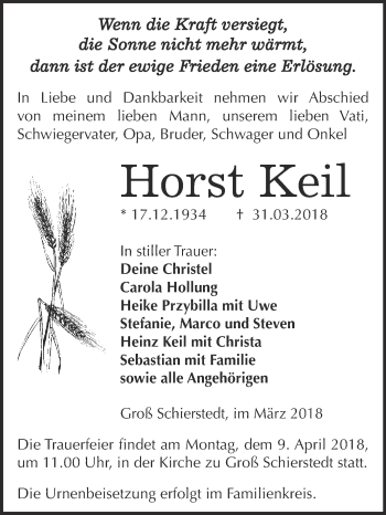 Traueranzeige von Horst Keil von Super Sonntag Aschersleben