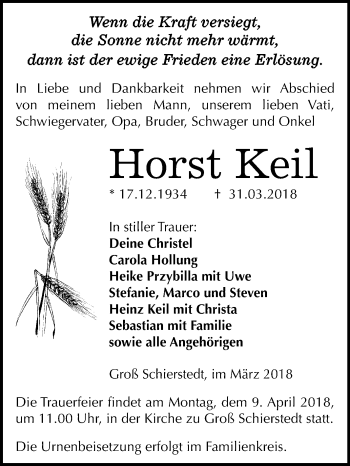 Traueranzeige von Horst Keil von Mitteldeutsche Zeitung Aschersleben