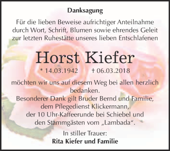Traueranzeige von Horst Kiefer von WVG - Wochenspiegel Bitterfeld